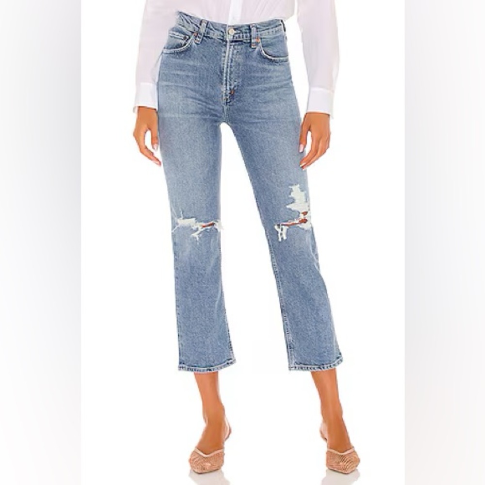 NWT AGOLDE Wilder Mid Rise Straight Jeans in Whiplash Blue Distressed Size 26